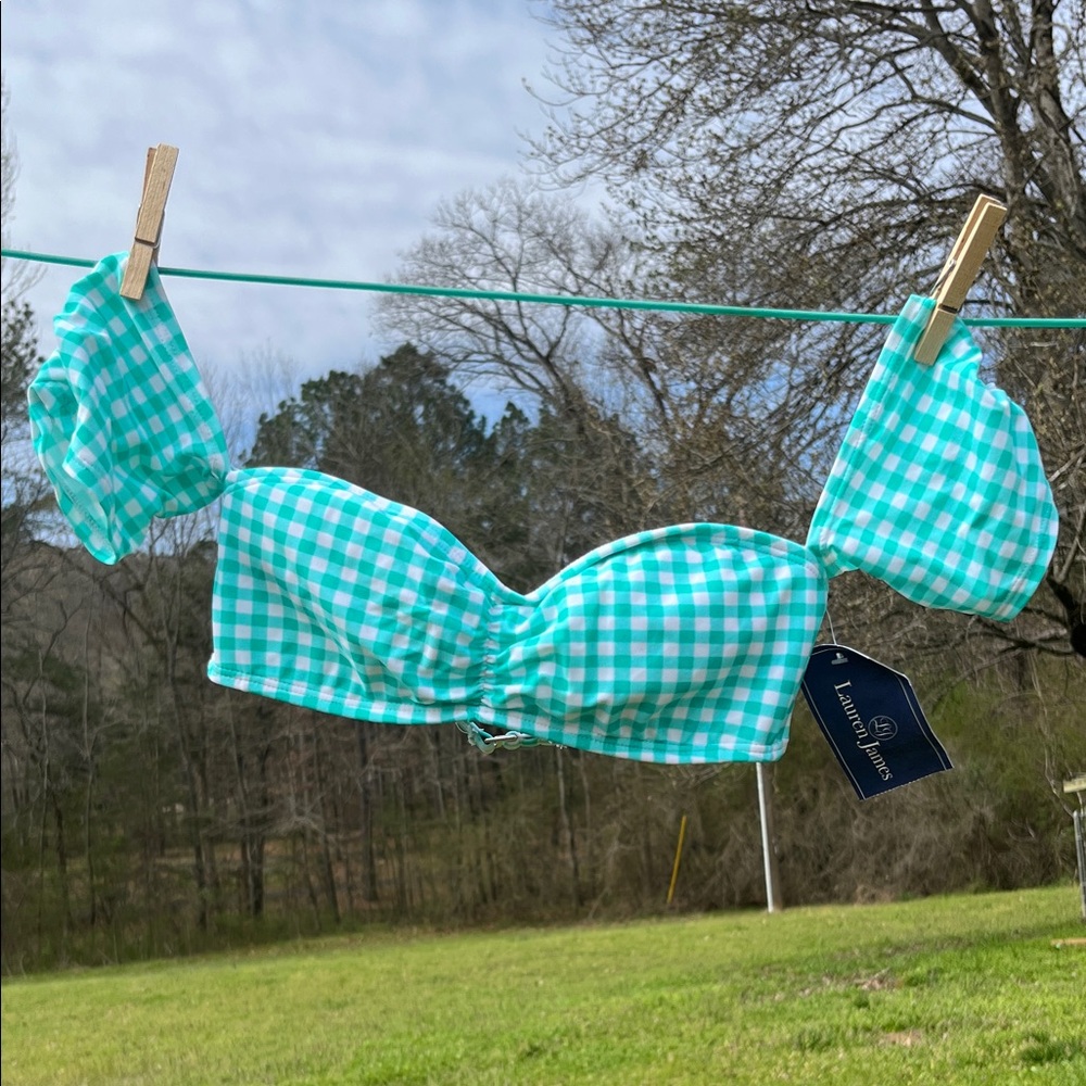 NWT $62 Gingham Off-The-Shoulder Bandeau Bikini Top in Aqua Mist by Lauren James